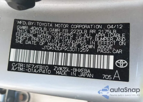2012 Toyota Prius Plug-In z USA, uszkodzony, nr VIN JTDKN3DP9C3011259